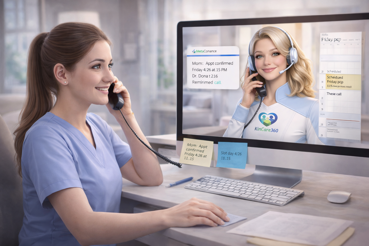 Lily scheduling a doctor appointment on screen while nurse confirms by phone