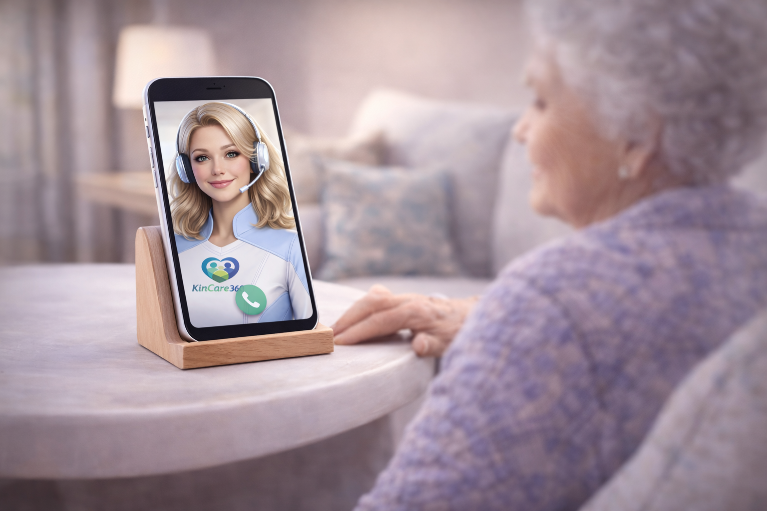 Elderly woman receiving a daily check-in call from Lily on her phone