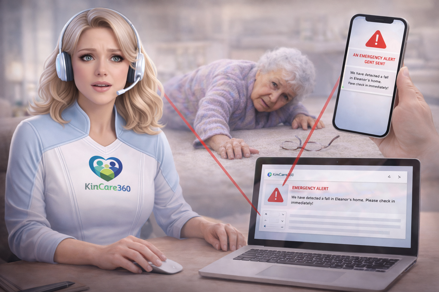 Emergency alert notification on phone showing fall reported for elderly parent