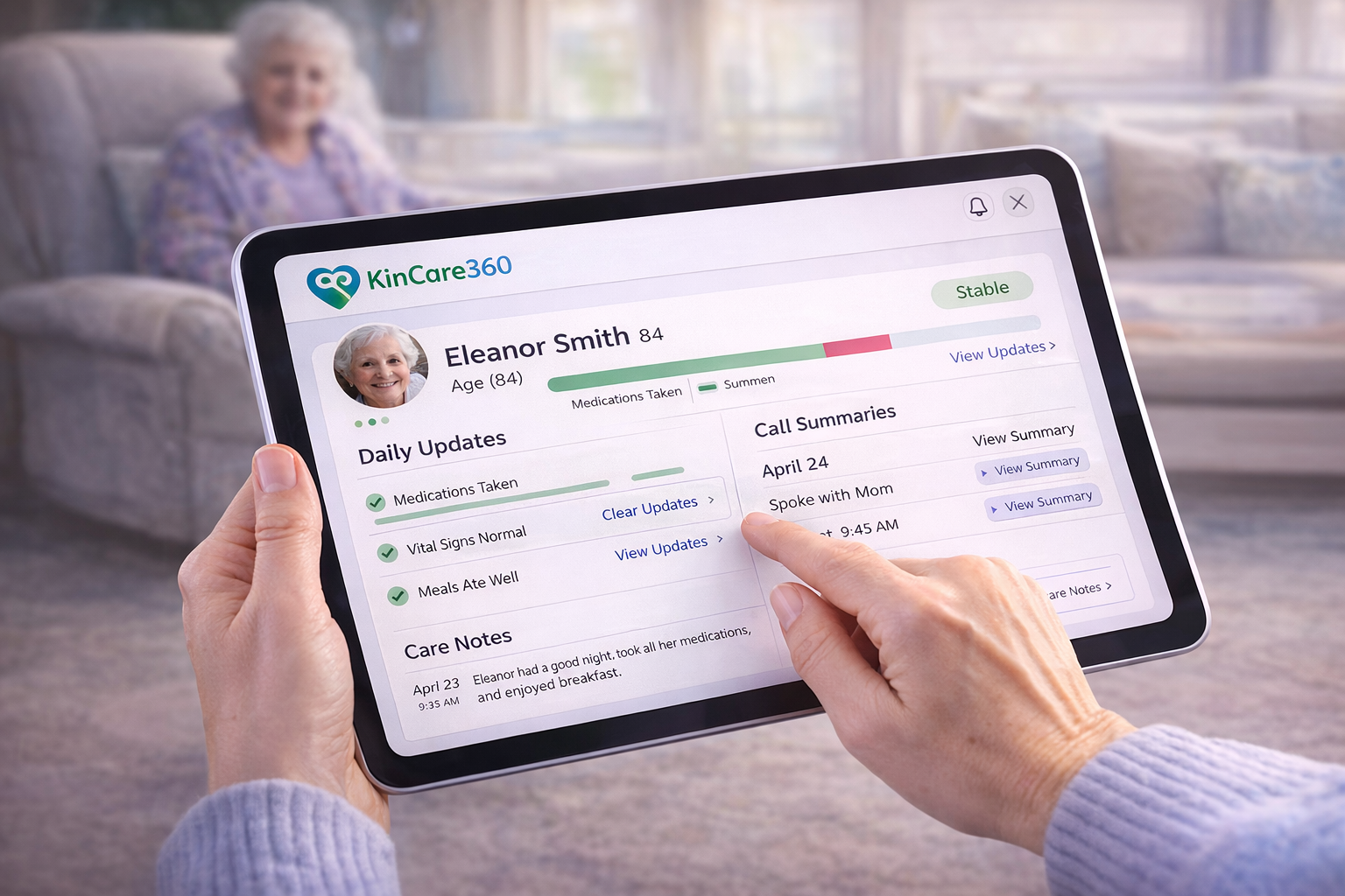 KinCare360 family dashboard on tablet showing patient status, daily updates, and call summaries